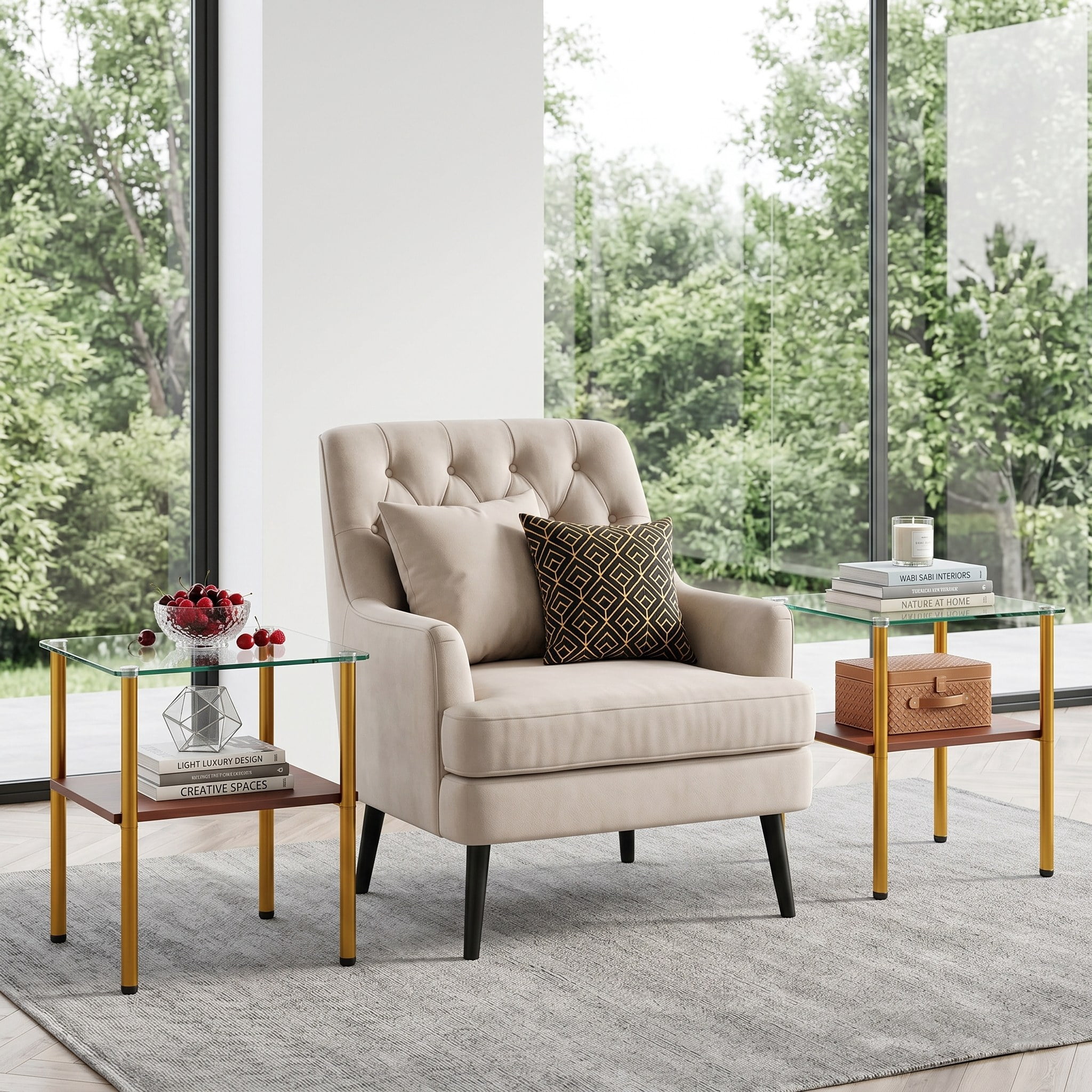 2-piece Modern Rectangular Glass Side Table, Tempered Glass Tabletop, MDF Storage Shelf & Metal Legs, Minimalist Sofa Side Table for Living Room & Bedroom