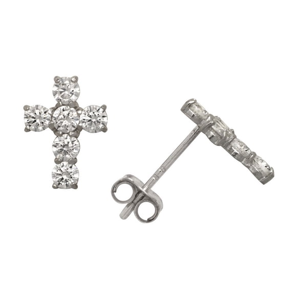 14k White Gold Cubic Zirconia Medium Cross Fancy Post Earrings - Measures 9x7mm