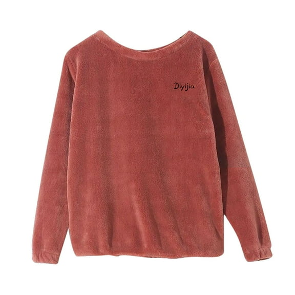 Women's Home Wear Crew Neck Long Sleeve Solid Color Pullover Thicken Thermal Coral Fleece Fall Winter Pajama Tops (S, Red)