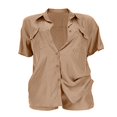 thumbnail image 4 of PENGXIANG Summer Y2k 2pcs Clothes Set Solid Color Loose Short Sleeve Pocket Shirt Tops Drawstring Shorts Set Khaki S, 4 of 8