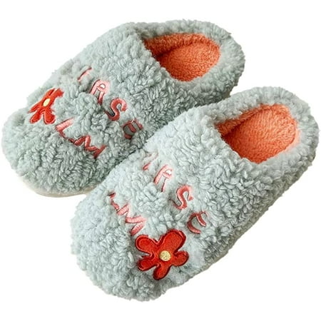 

DabuLiu Embroidered Flower Slippers for Men Women Faux Fur Plush House Shoes Memory Foam Warm Slipper