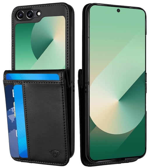 TJS for Samsung Galaxy Z Flip 7 Phone Case, Card Wallet Storage PU Leather ID Credit Card ID Slots Holder Pocket Cover for Galaxy Z Flip7 (Black)