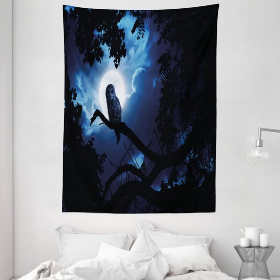 Night Tapestry, Quiet Night in the Woods Full Moon Tall Trees and Owl on Branch Tranquil Scene, Wall Hanging for Bedroom Living Room Dorm Decor, 60W X 80L Inches, Black Blue White, by Ambesonne