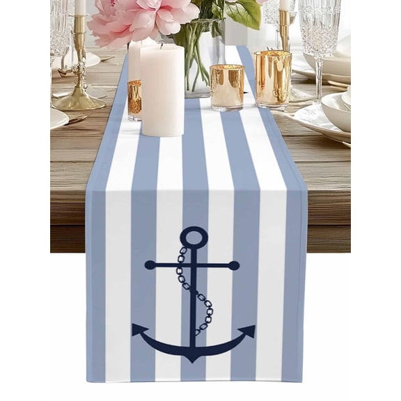 Table Runner Blue Nautical Anchor Chain Table Runners Stripes Pattern Cotton Linen Dresser Scarf Kitchen Dining Table Decor for Home Dinner Party Decor 13x72 Inch
