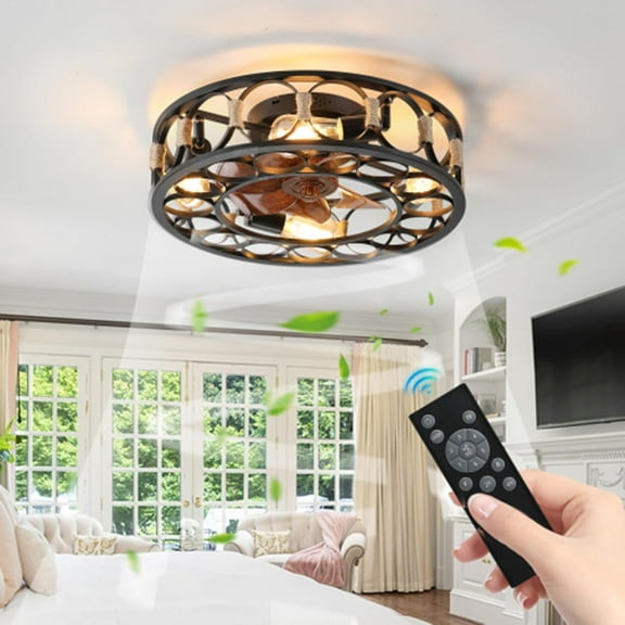 20" Caged Ceiling Fans with Lights and Remote Flush Mount, Farmhouse Industrial Bladeless Ceiling Fan, Low Profile Enclosed Ceiling Fan with Light for Bedroom, Dining Room, Indoor