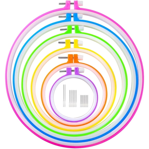 6 Adjustable Embroidery Hoops & 15 Needles Kit, Plastic Cross Stitch Hoop Rings Multi Sizes 3.4-10.4 Inch, Multicolor for Handmade Embroidery