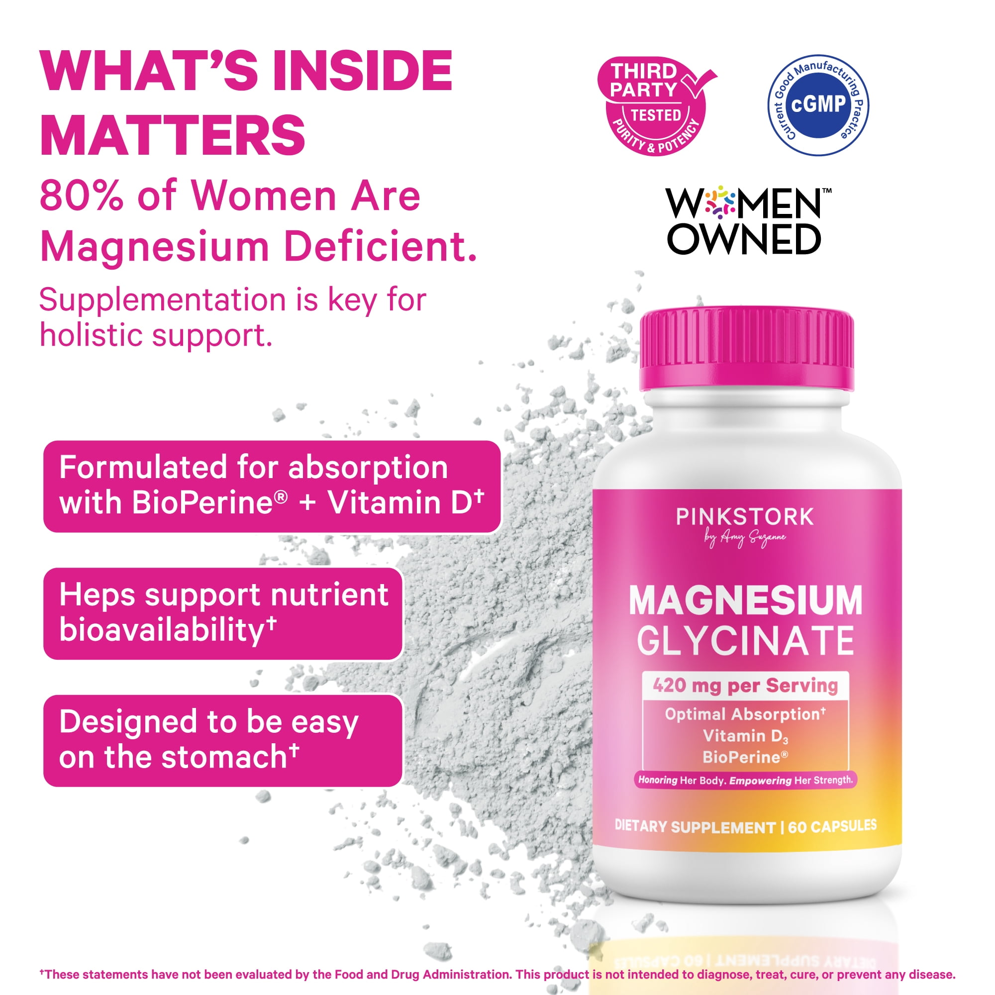 Pink Stork Magnesium Glycinate Supplement, Sleep and Stress Support, Vitamin D3, 60 Capsules