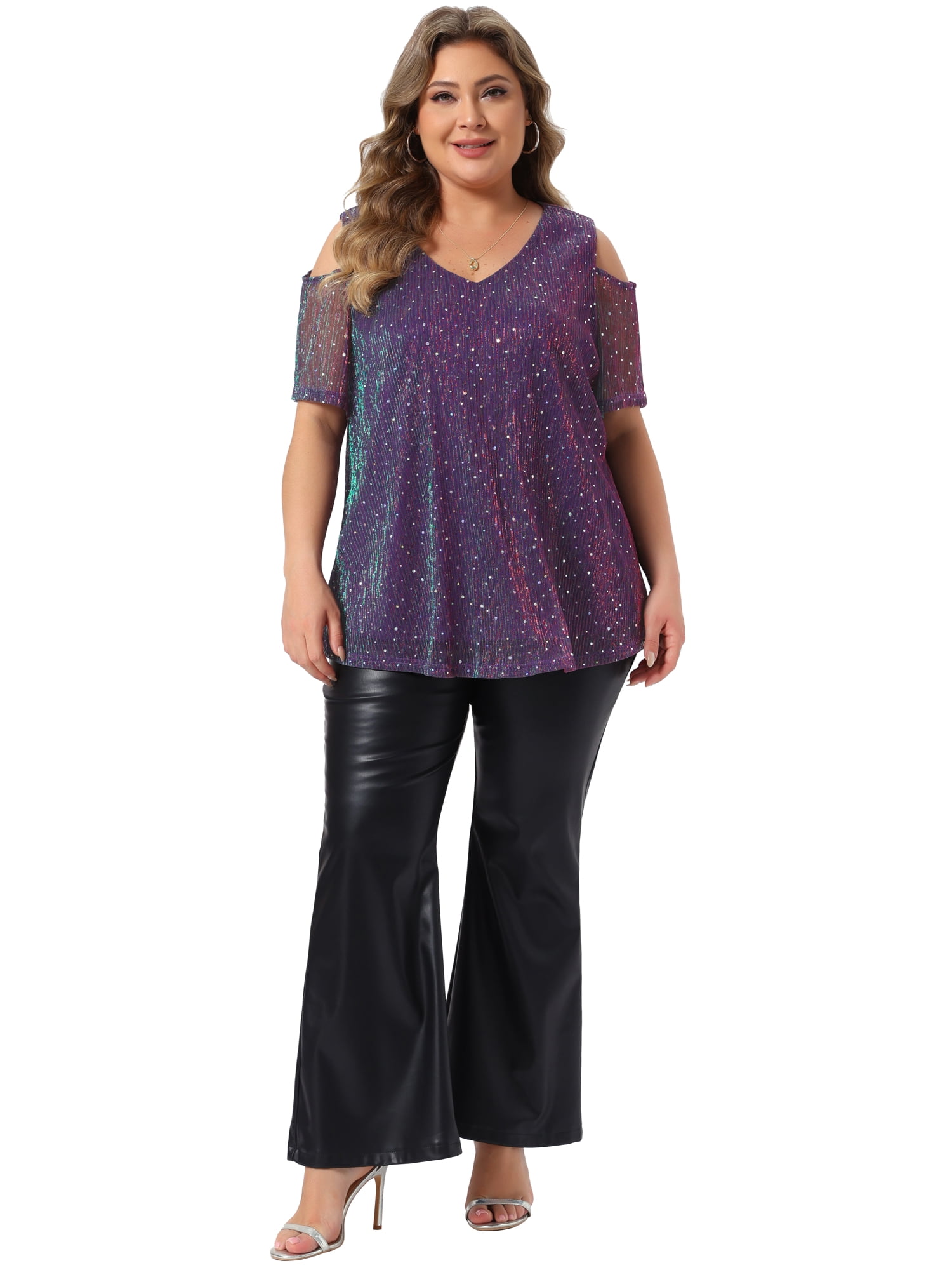 DARING DIVA Women's Plus Glitter Sequin Cold Shoulder  Party Blouse 2X Blue Purple