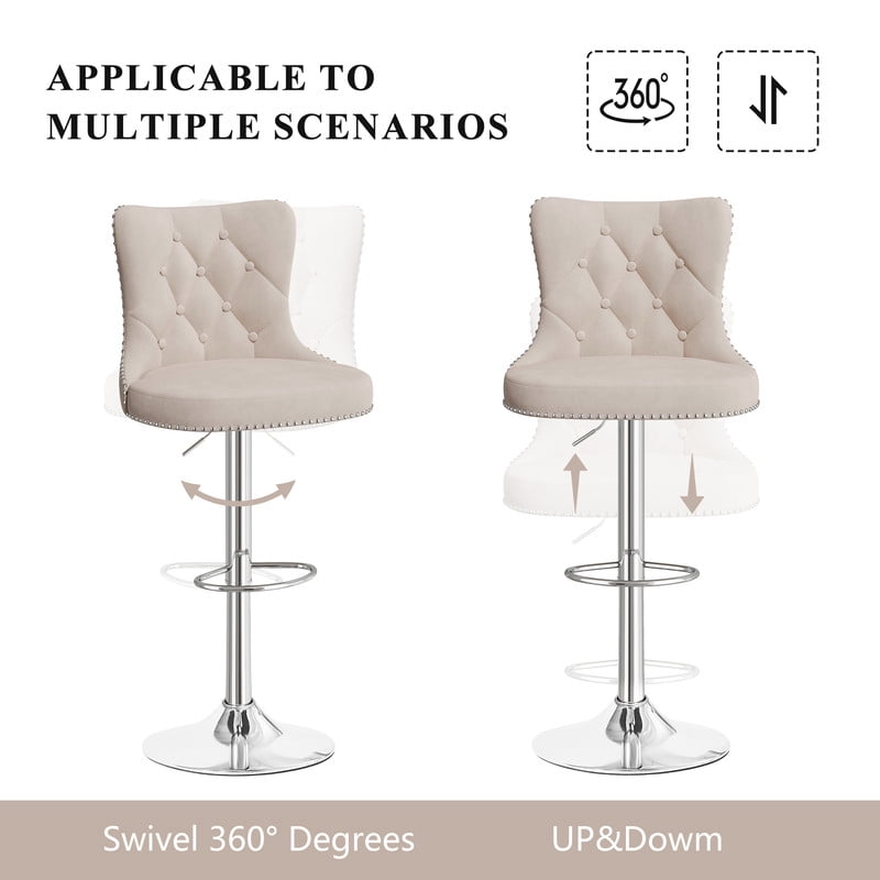 Hawsaiy Swivel Bar Stools Set of 2, Adjustable Velvet Tufted Counter Height Chairs with Nailhead Trim, Upholstered Barstools for Kitchen Island, Khaki