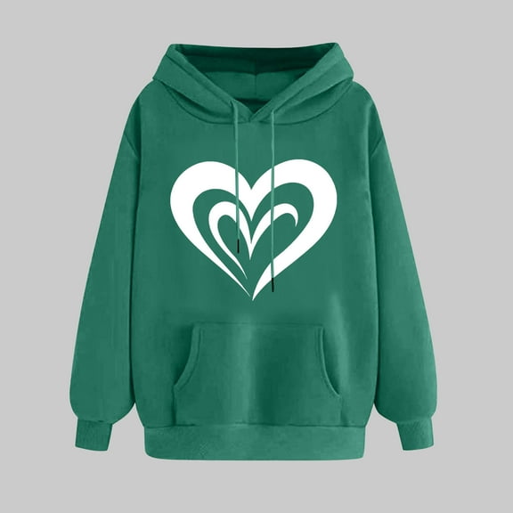 SOOMLON Valentines Day Hoodies Women Couple Valentines Gift Plus Size Casual Long Sleeve Round Neck Sweatshirts Tops Cute Love Heart Print Pullovers Shirts Trendy Valentines Clothes 2025 Army Green