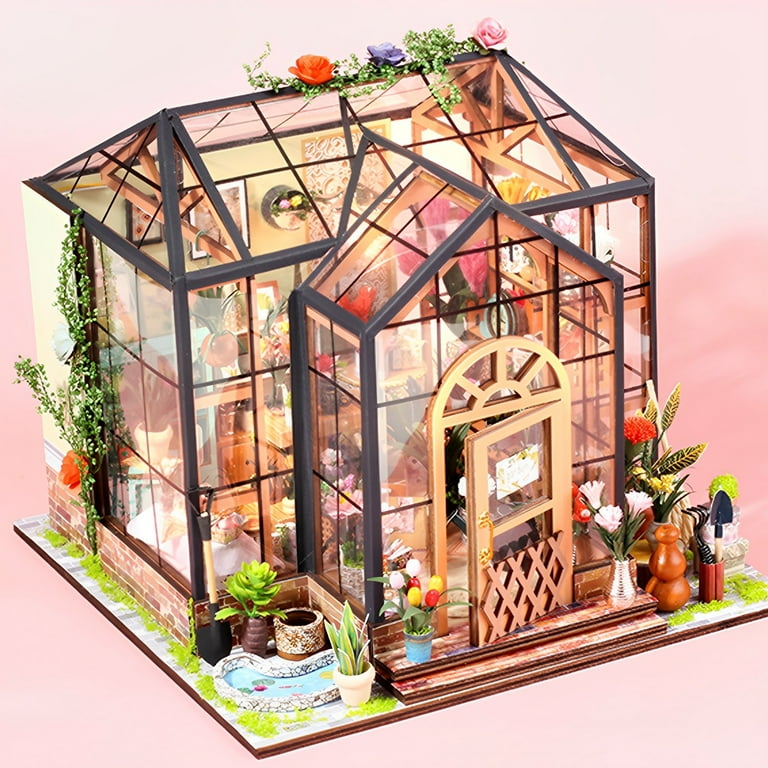 JTWEEN DIY Miniature House Kit,Tiny House kit with Furniture,Miniatures  Dollhouse Kit Miniature Greenhouse DIY Craft Kits for Adult to Build Tiny