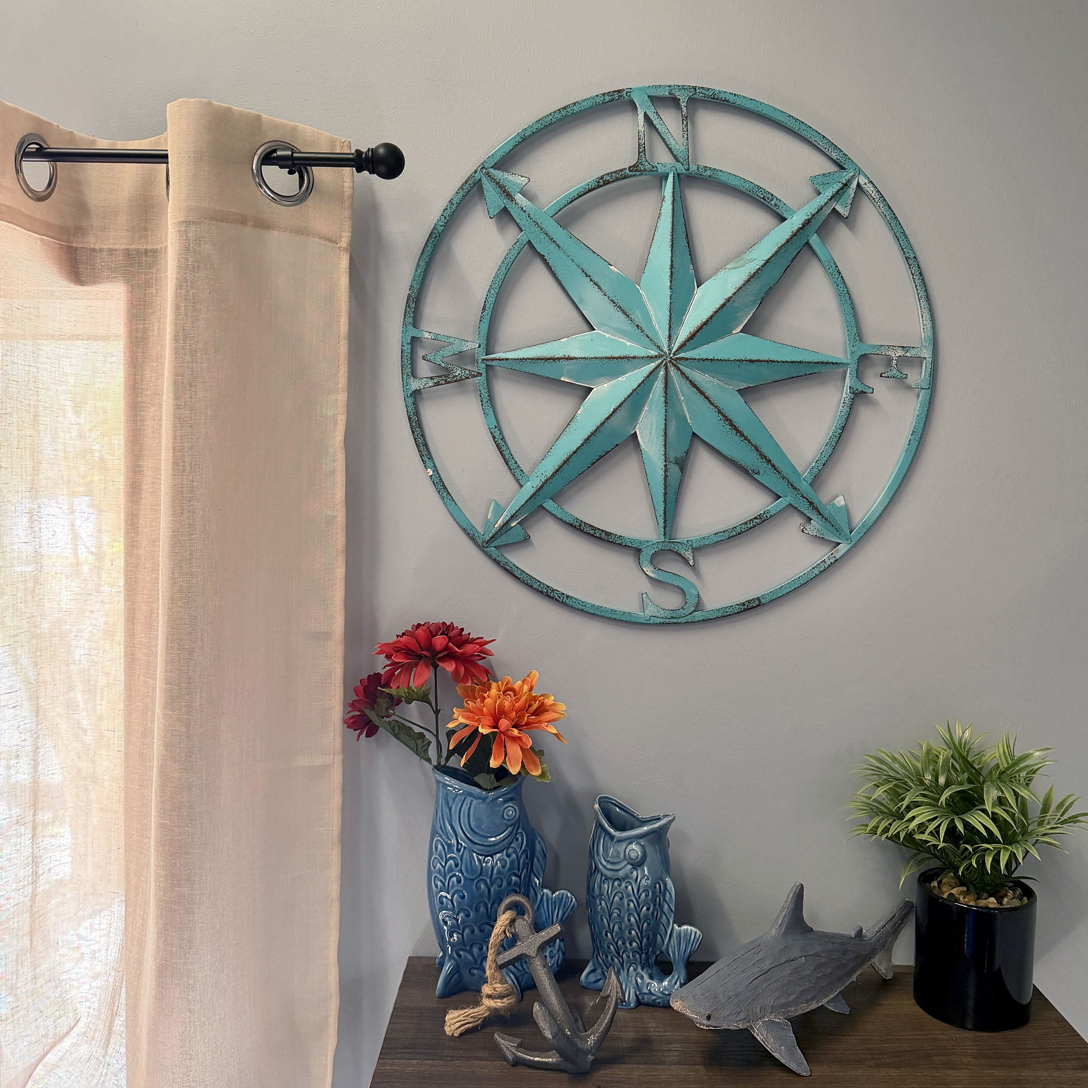 Zeckos Aqua Metal Compass Rose Wall Decor 20.25 inch Coastal Nautical Beach Art - Aqua - Size 20.25 inch diameter