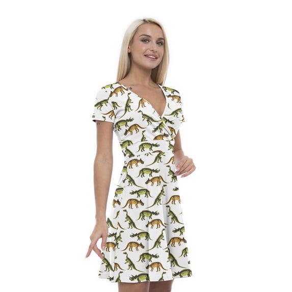 Women’s A Line Dinosaur Summer Dress, Retro Triangle Arrangement, Cross Wrap V Neck, 6 Sizes, by Ambesonne