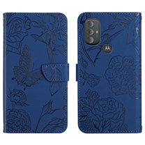 For Moto G Pure 2022 / Moto G Power 2022 Case,Wallet Case with Card Slot Kickstand Strap PU Leather Shockproof Protective Flip Folio Case Floral Butterfly for Girls Women Men, Darkblue
