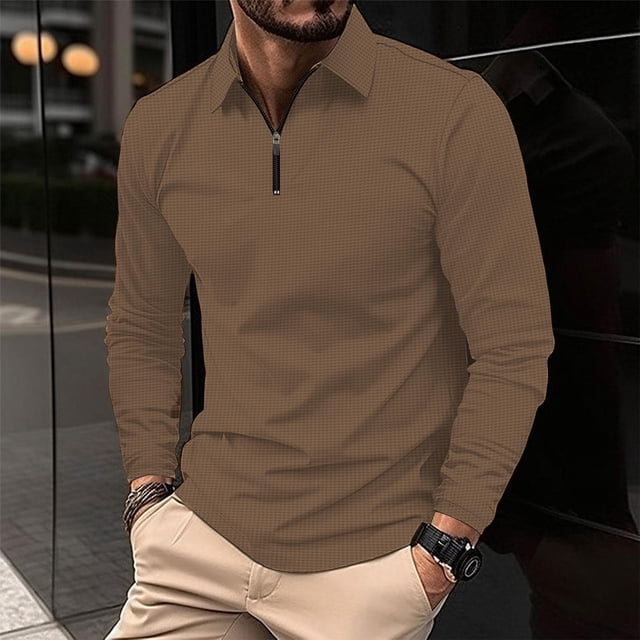Blusa y camisa de manga larga con cuello vuelto para hombre, informal, de color liso, de manga larga, con cremallera y solapa a rayas, blusa de manga larga con cuello vuelto, blusa de poliéster para h