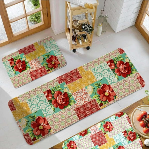 Xidingyue Flower Print Kitchen Mat, Absorbent 2 Count