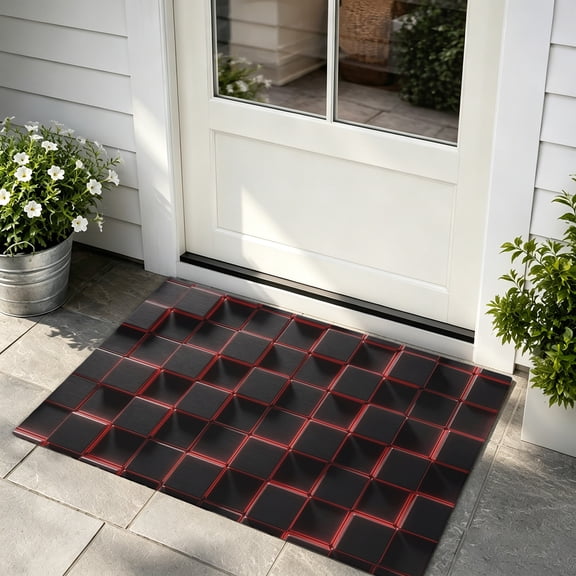Doormat Red Black Cubes Front Door Mat Non Slip Absorbent Low Profile Floor Mat Modern Artificial Welcome Mats Entryway Rug for Entrance Kitchen Porch Indoor Outdoor Home Decor 24"x36"