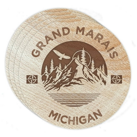 

Grand Marais Michigan 4 Pack Engraved Wooden Coaster Camp Outdoors Design