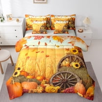 Castle Fairy Teens Women Men Sunflower Pumpkin 7-Piece Bedding Comforter Set,Autumn Harvest Pumpkin King Bedding Sets,Botanical Plants Ultra Soft Bed Sheets,Lightweight Room Decor