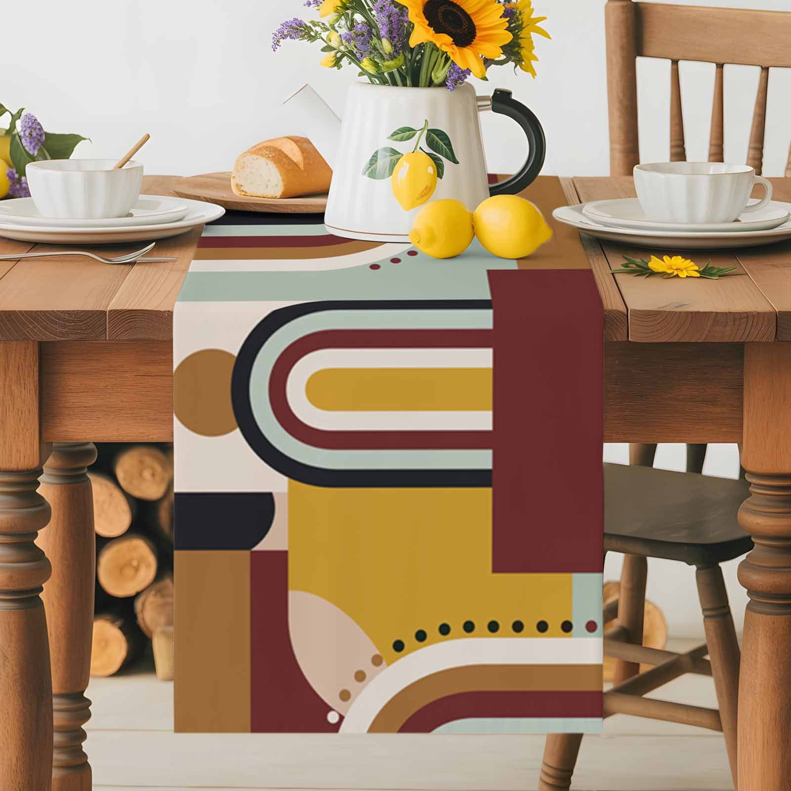 Mid Century Abstract Ethnic Art Table Runner 90 Inches Long, Yellow Brown Geometric Color Block Table Runners Tabletop Scarf Kitchen Dining Tables Decoration for Home Party Indoor Outdoor