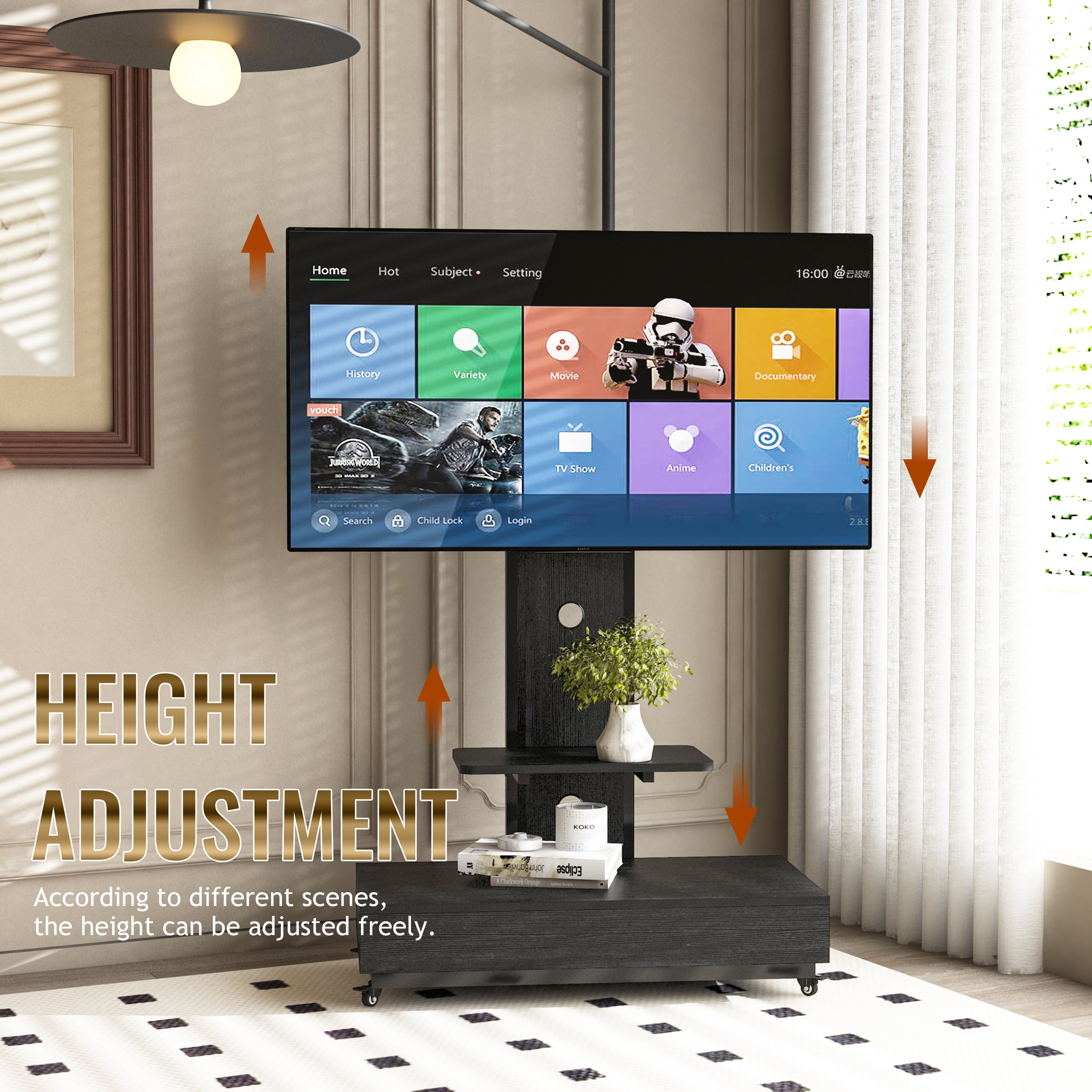 Homy Casa Mobile TV Stand for 32-75 Inch TVs with Wheels, Swivel Adjustable Height Storage Shelf and Drawer