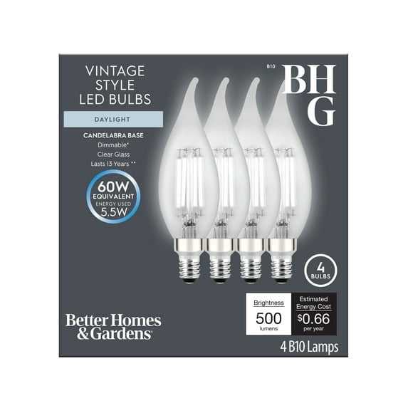 Better Homes and Gardens 5.5W (60W Equivalent) B10 Daylight LED Filament Light Bulbs, E12 (16 Pack)