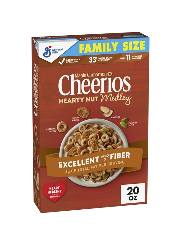 Cheerios Hearty Nut Medley Breakfast Cereal, Maple Cinnamon Flavored, Family Size, 20 oz