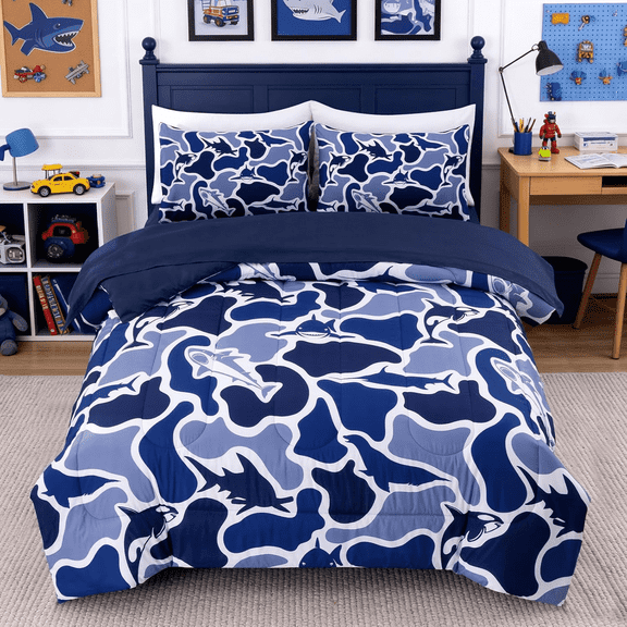 NTBED Twin Camo Bedding Set 5 Piece for Boys Ocean Camo Comforter Set with Shark Whale Soft Kids Bedding Set Navy