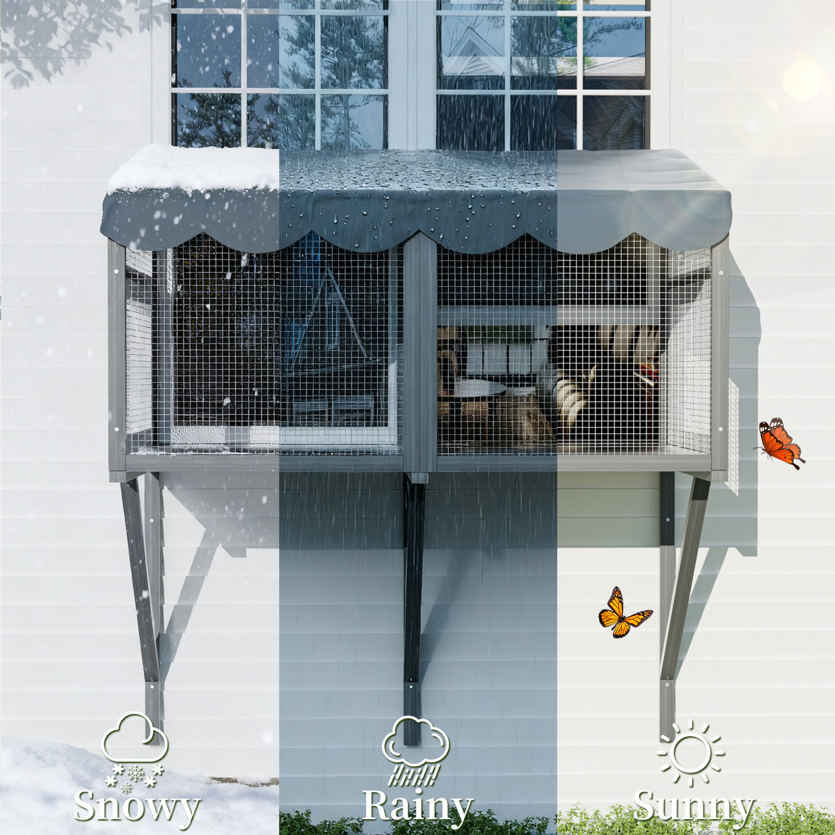Cat Catio, Window Box Enclosure for Indoor Cats, Wooden Window Perch House, All Weather Comfortable Outdoor Haven for Pets, Expandable for Multi Kittens, Gray