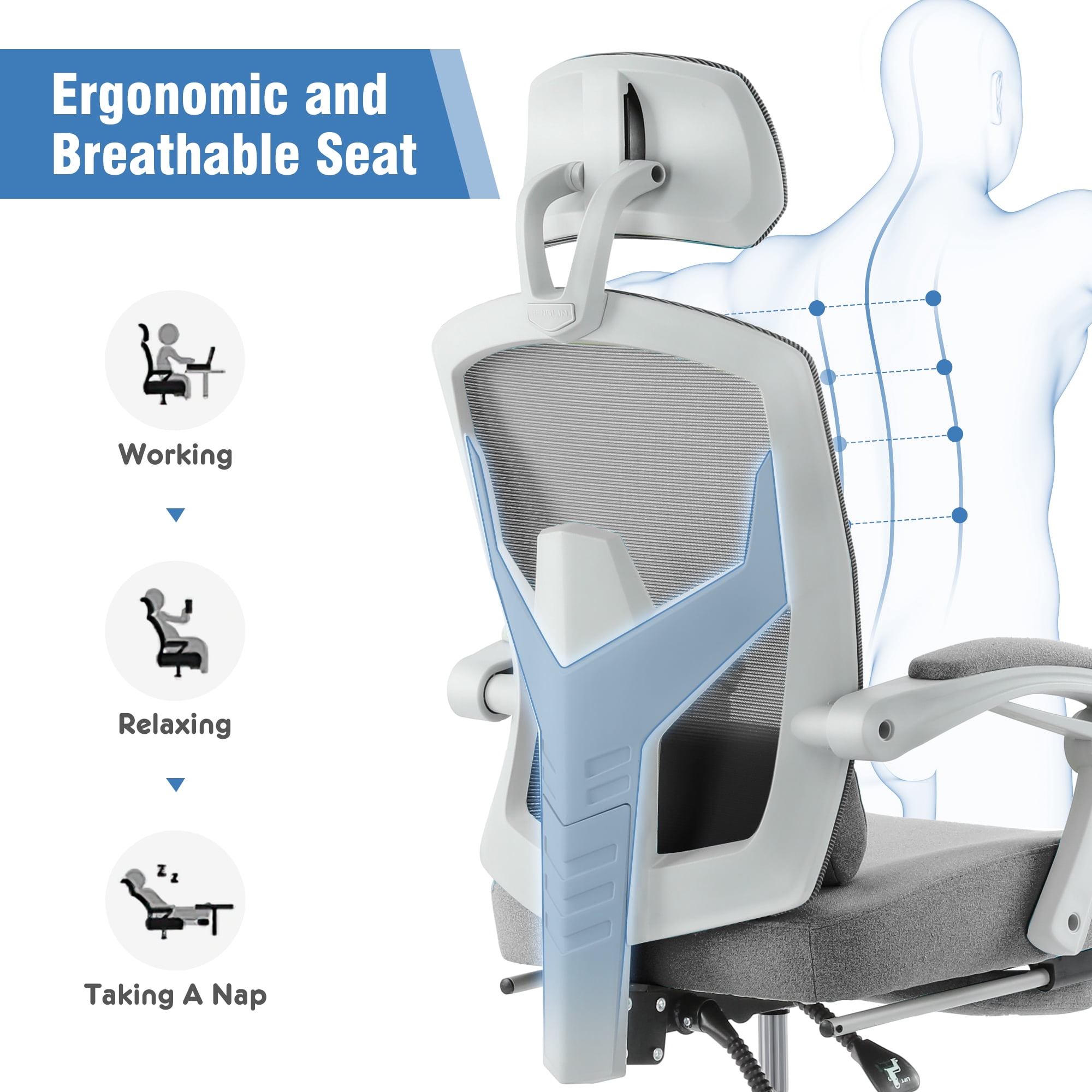 CONCETTA Ergonomic High Back Mesh Office Chair with Headrest, Footrest, Armrests for Adults, Gray
