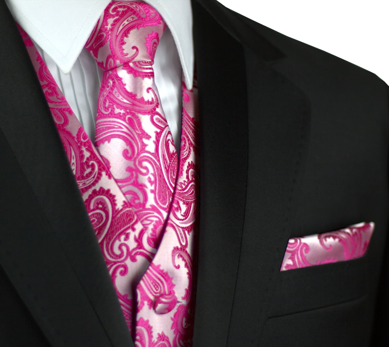 Vest Boys Fuchsia Hot Pink Paisley Full Back Neck Tie Tuxedo Ring Wedding Party 