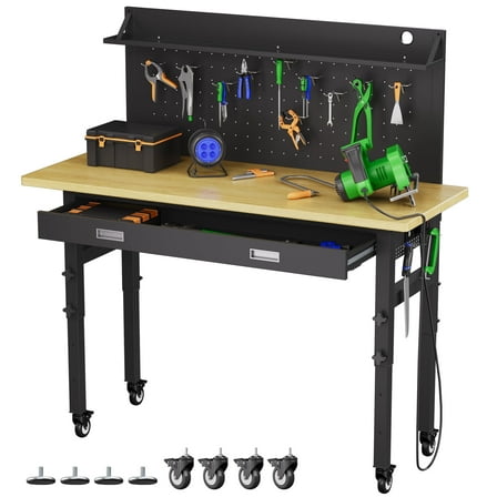 Magic Union 60" Garage Workbench with Drawer, Heavy Duty Adjustable Height Work Table with Storage Pegboard and Power Outlets, Standing Tool Benches W/Wheels & Feet for Woodworking, Workshop, Office