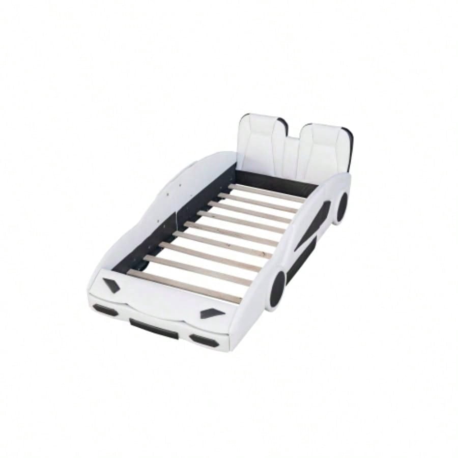 Twin Size Race Car - Shaped Platform Bed with Wheels, White