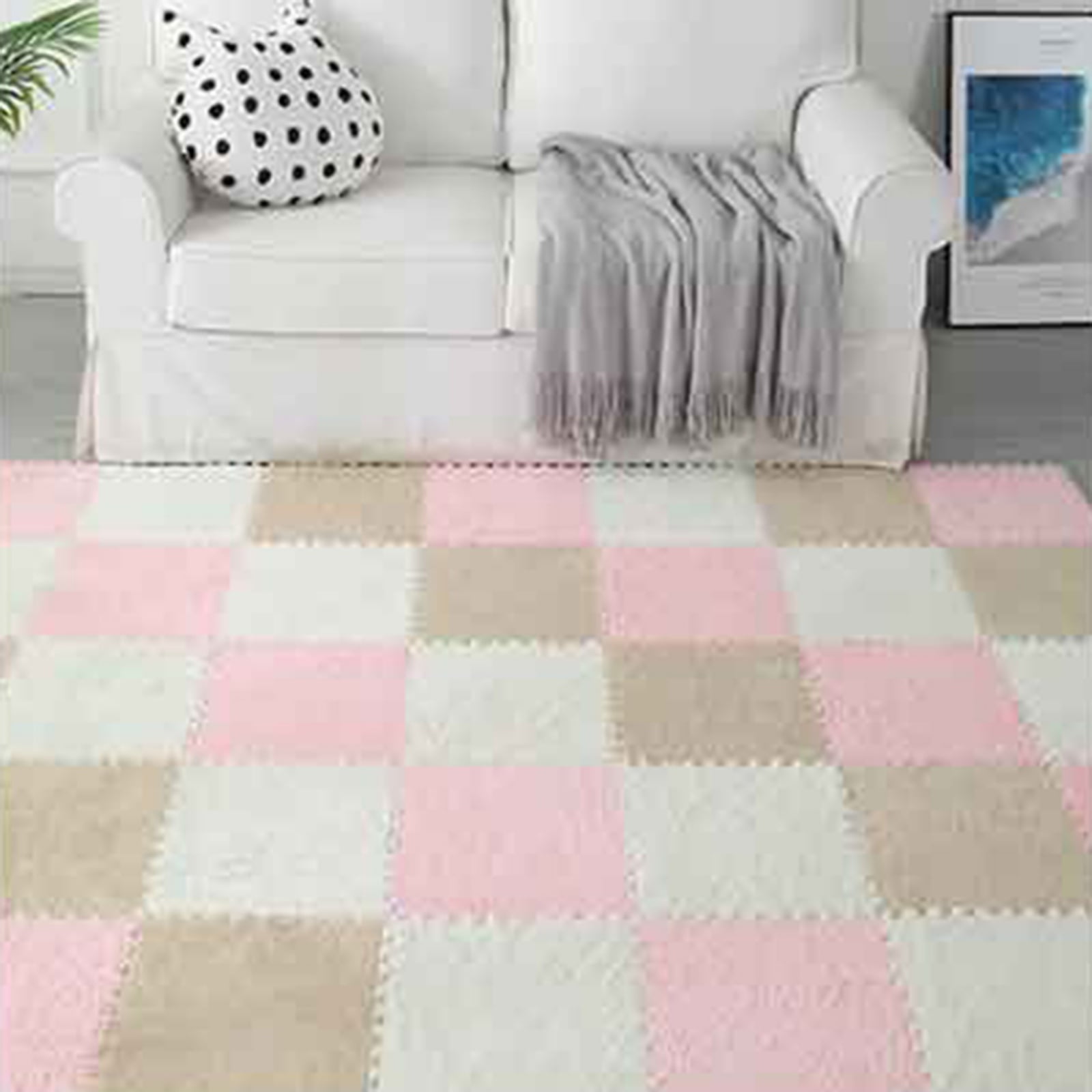 10PCS Plush Puzzle Foam Floor Mat for Kids- Thick Interlocking Fluffy Tiles with Border,Square Rug Split Joint Soft Climbing Carpet Mats Shaggy Area Rug for Room Floor-11.8 Inch