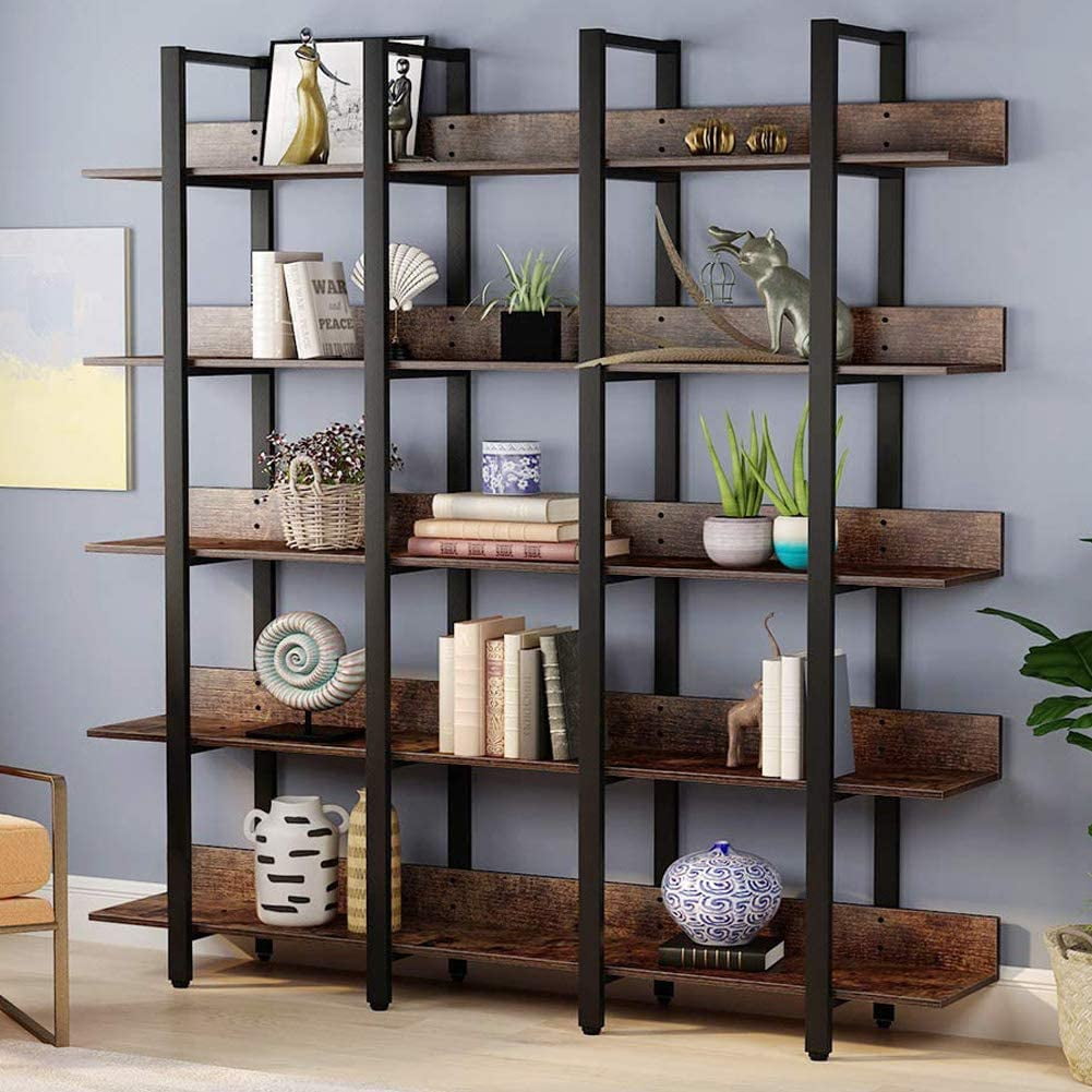 Tribesigns Triple Wide 5-Shelf Bookcase Black Etagere Large Open Bookshelf Vintage Industrial Style Shelves Wood and Metal bookcases Furniture for Home & Office