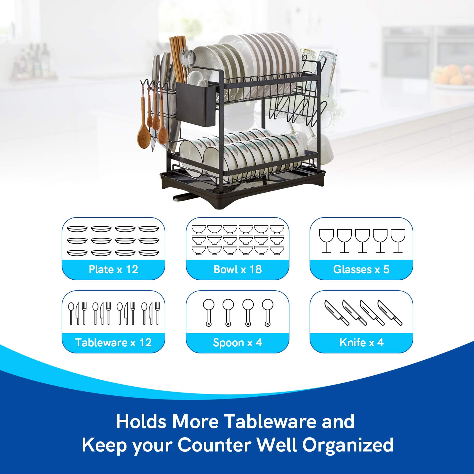 Kroyicegears 2 Tier Dish Drying Rack - Stainless Steel Dish Racks for Kitchen Counter with Drainboard and Cutlery Holder, Large, Black