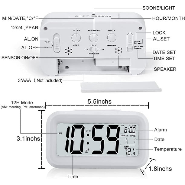 Réveil Digital Réveil Matin, Horloge Numérique Réveil à Pile Silencieux  pour Enfants Adultes Grand écran LED Température Calendrier(Blanc) 