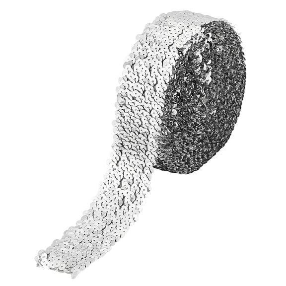 5 Yards 5-Row Silver Elastic Sequin Ribbon Trim 1.9 Inch Wide Polyester Glitter Fabric Ribbon Paillette Trim Stretch Bling Paillette Ribbon DIY