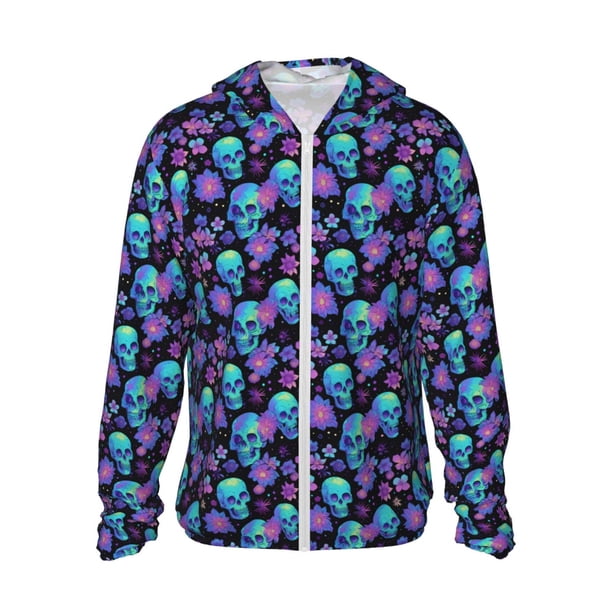 Fotbe purple flower blue Skull Chaqueta con Protección Solar UPF 50+ para Hombre y Mujer, Camisa con Capucha y Bolsillos-Large