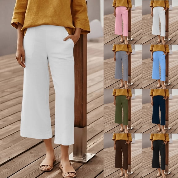 FRSASU Wide Leg Pants Woman High Waisted Trendy Cropped Barrel Pull On Baggy Elastic Waist Loose Fit Pants with Pockets White