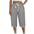 thumbnail image 2 of Women Plus Size Pants Casual Elastic High Waist Drawstring Pockets Fashion Wide Leg Capri Length Baggy Comfy Travel Pants Solid Color Flowy Summer Three-quarter Sweatpants, 2 of 7