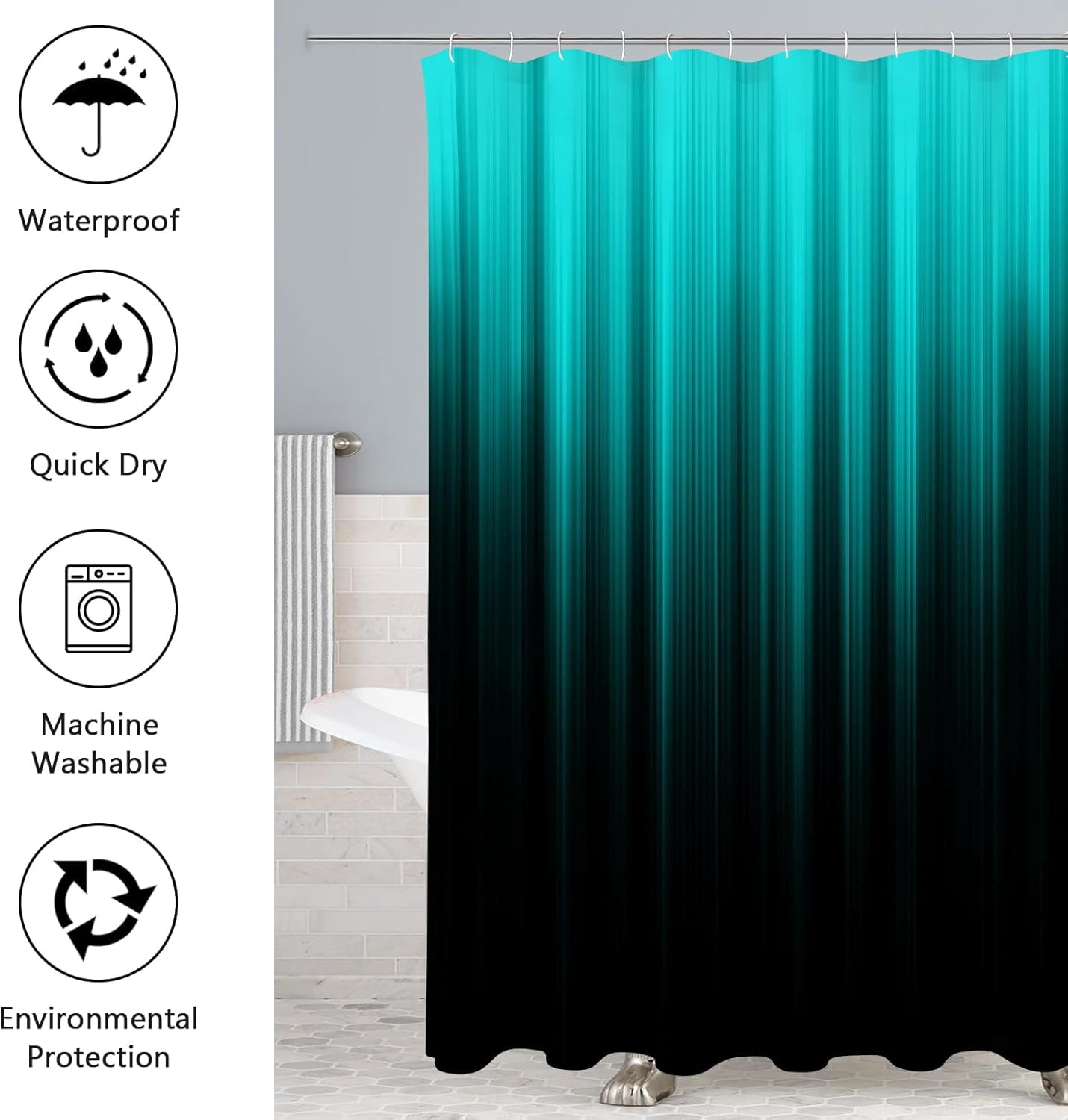 4 Pcs Teal and Black Shower Curtain Bathroom Set with Rugs, Toilet Lid Cover and Bath Mat, Gradient Teal Shower Curtain with 12 Hooks, Bathroom Decor Set