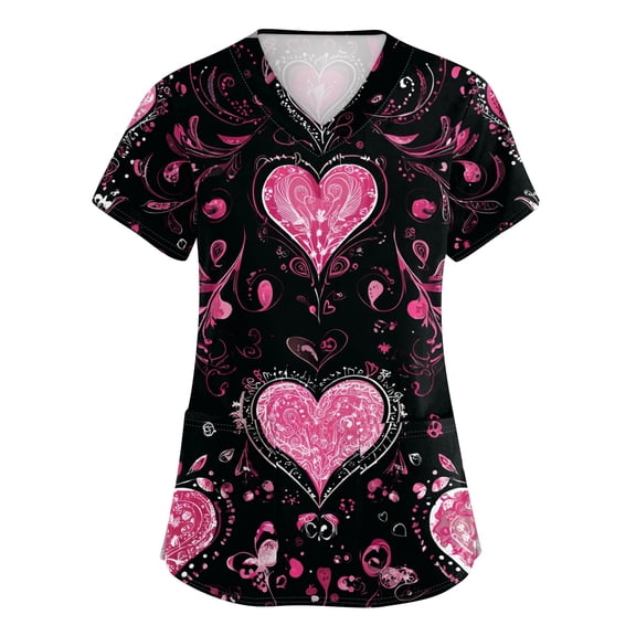 Valentines Day Scrub Tops for Women Short Sleeve V Neck Love Heart Print Nurse Working Uniform Scrubs with Pockets Pink M
