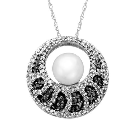 Freshwater Pearl and 3/8 ct Black and White Diamond Circle Pendant Necklace in Sterling Silver