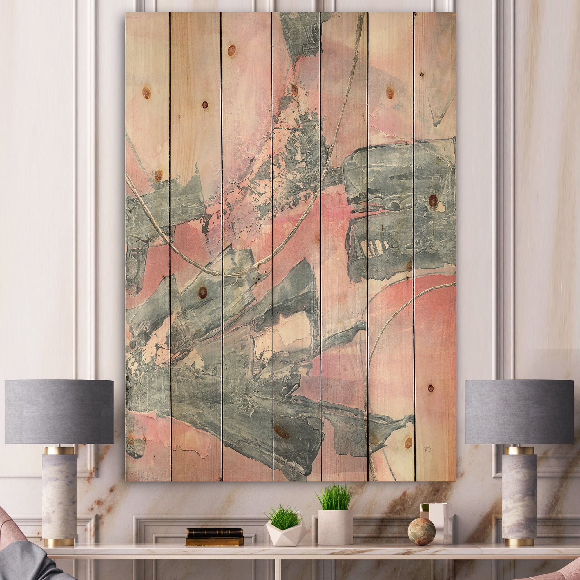 Designart 'Durty Shabby Pink Blush III' Shabby Chic Print on Natural Pine Wood