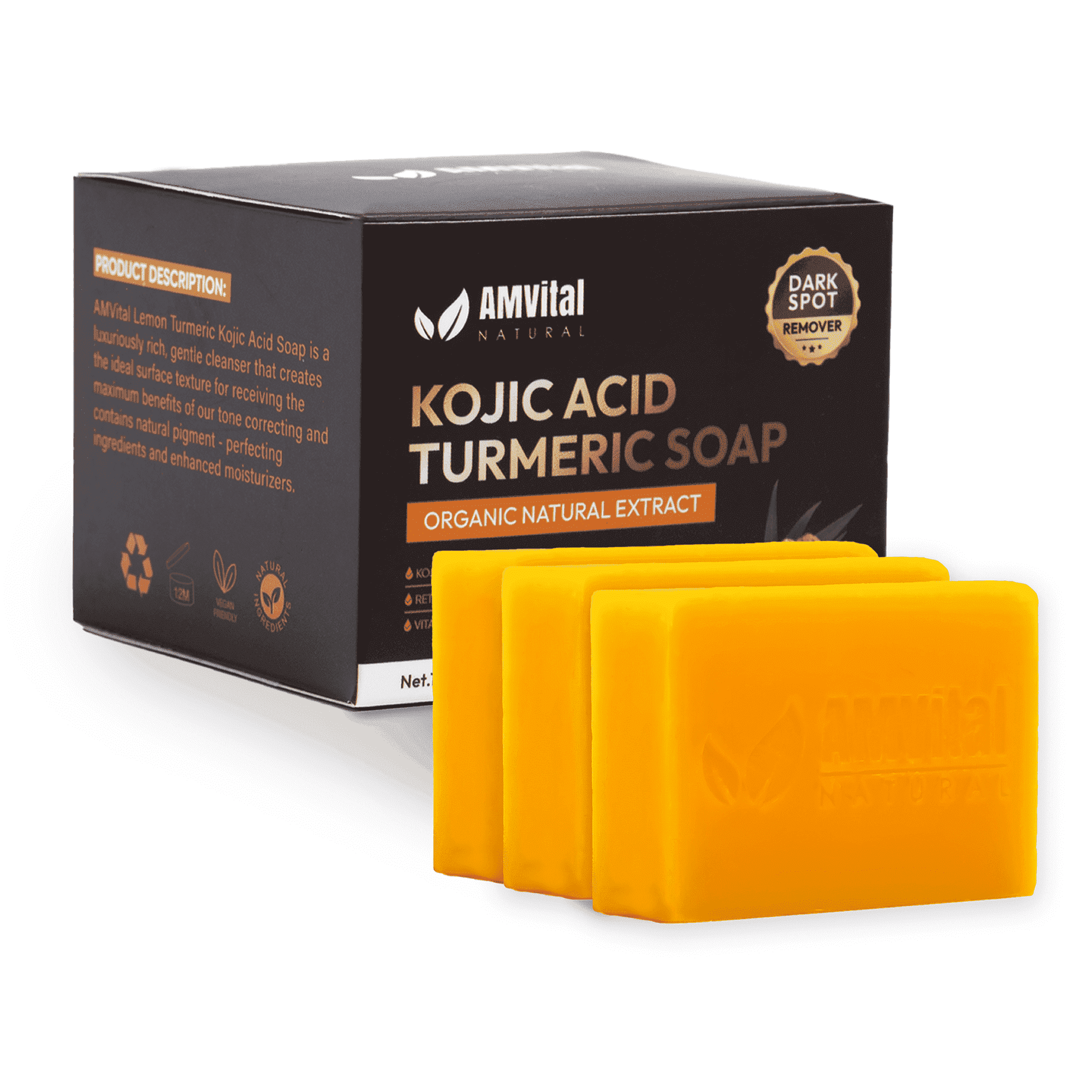 AMVital Turmeric Kojic Acid Soap Bar 3-Pack for Body & Face, Made with Natural Ingredients, Gentle Soap, For All Skin Types