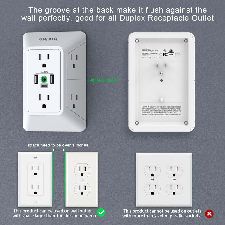 ONDOG Multi Plug Surge Protector with 6 Outlets & 3 USB photo 2