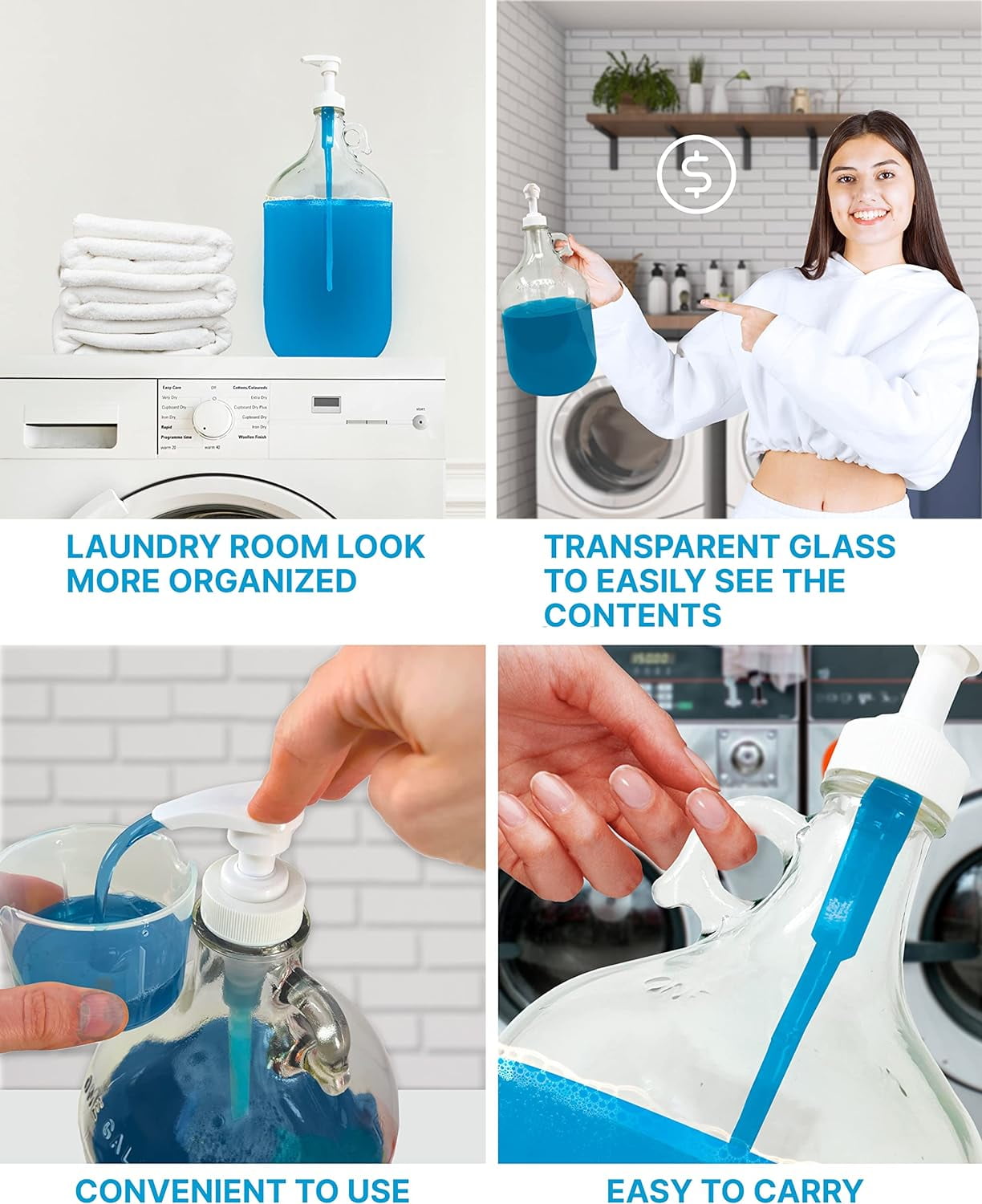 Skywin Gallon Pump Dispenser - 2 Pack Glass Laundry Detergent Dispenser for Laundry Room good as Laundry Detergent Dispenser Glass Jar, Fabric Softener Dispenser, Liquid Laundry Soap Dispenser (White)