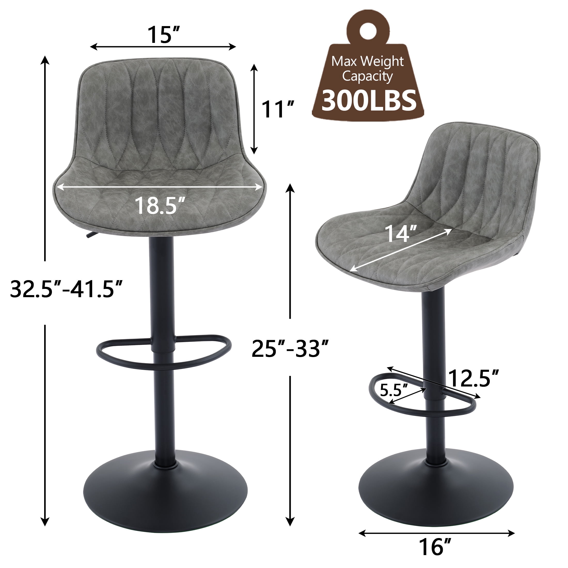 FIRAVOE Swivel Bar Stools Set of 2 (Adjustable Height 25"-33") Counter Height Bar Stools with Back, Modern Faux Leather Barstools for Kitchen Island, Gray