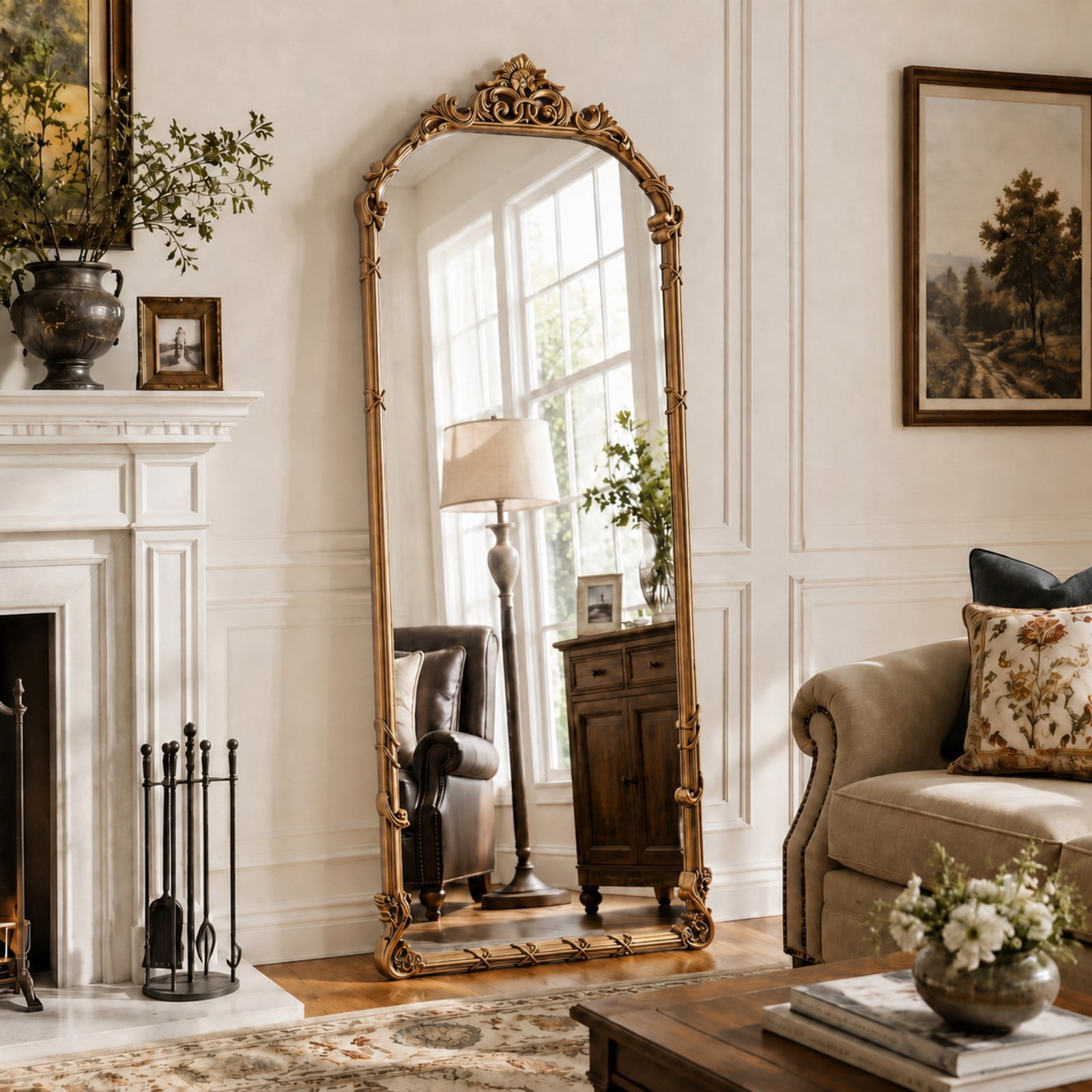 AUROMIR 71"x32" Arched Full Length Mirror Vintage Floor Mirror with Carved Patterns, Antique Bronze